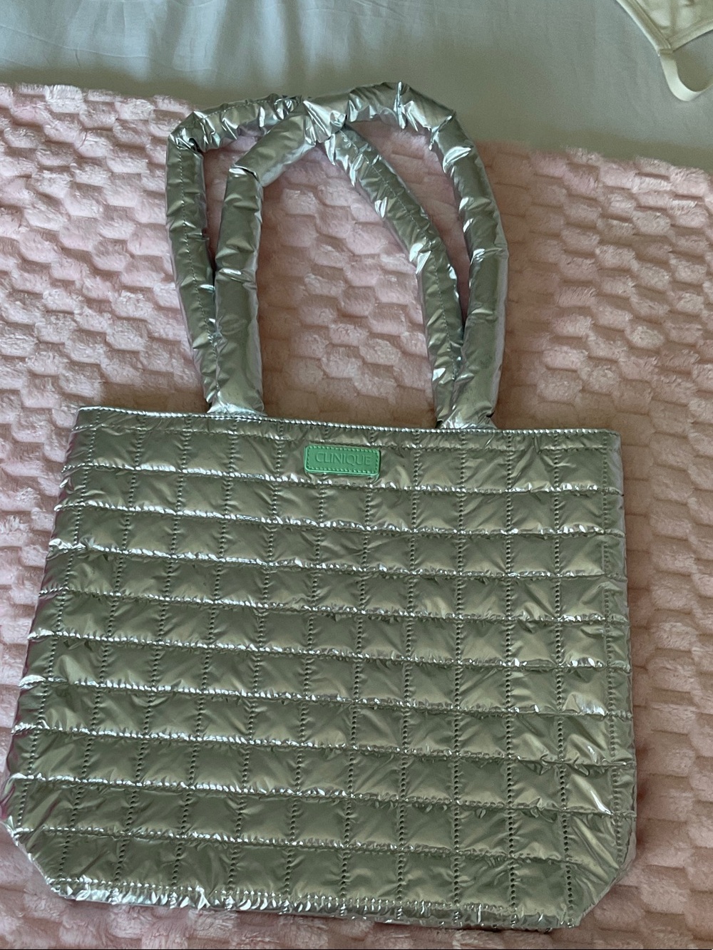 Clinique Metallic Silver Quilted Tote with Mint Logo